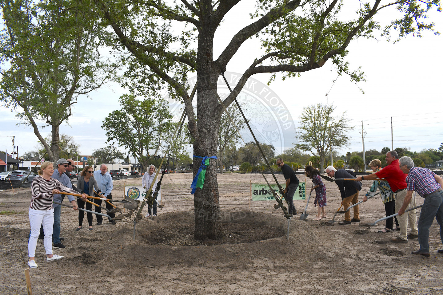 group of men and women using shovels to plant a tree