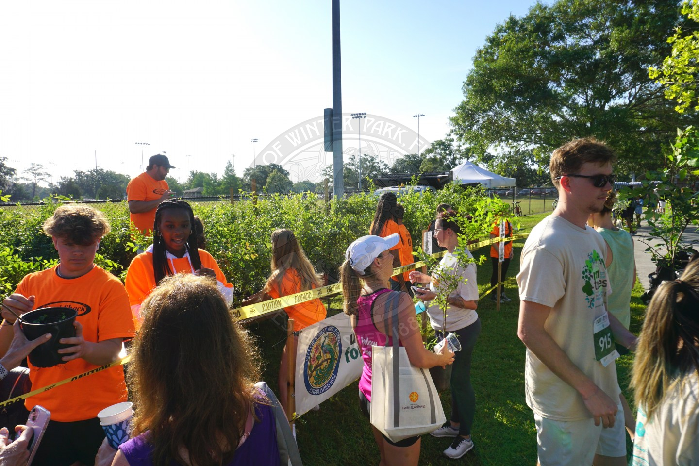 an area on grass full of trees that are being handed  to runners. 
