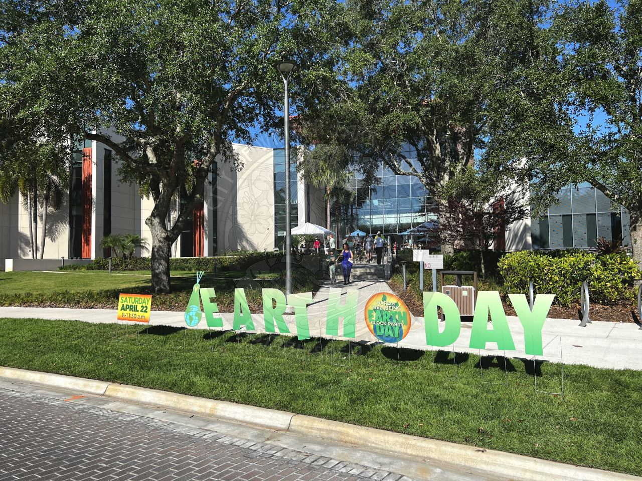 Earth Day letter signs in front of the Center for Health &amp; Wellbeing