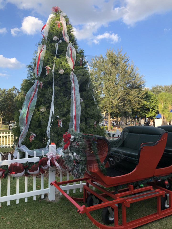 decorated tree behind Santa's sleigh