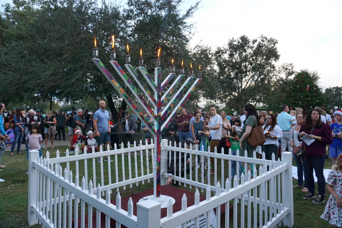 a 5 foot tall menorah surrounded by a white picket fence that has been lit for all the people surrounding to view.