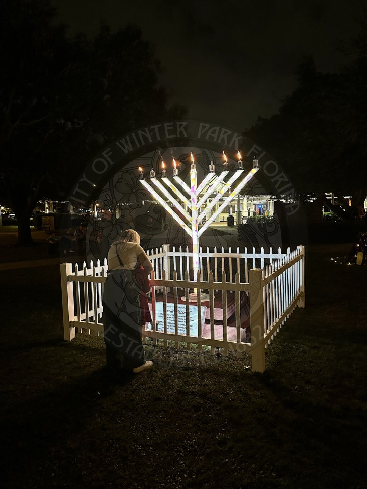 A mother standing behind their child wrapping their arms around them while standing in front of the menorah reading a sign on information about the winter park menorah. 