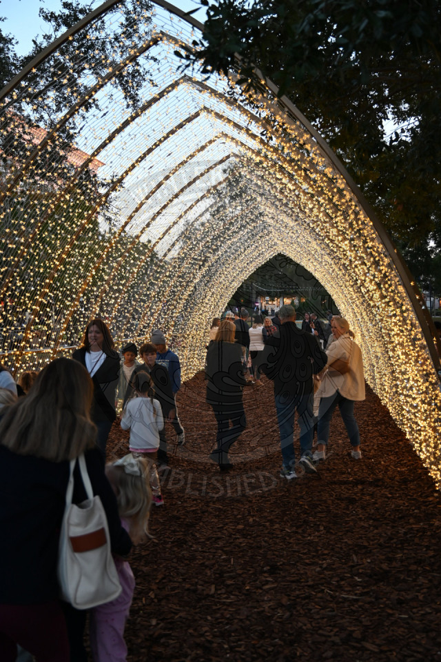 a cathedral of lights with people walking underneath them.