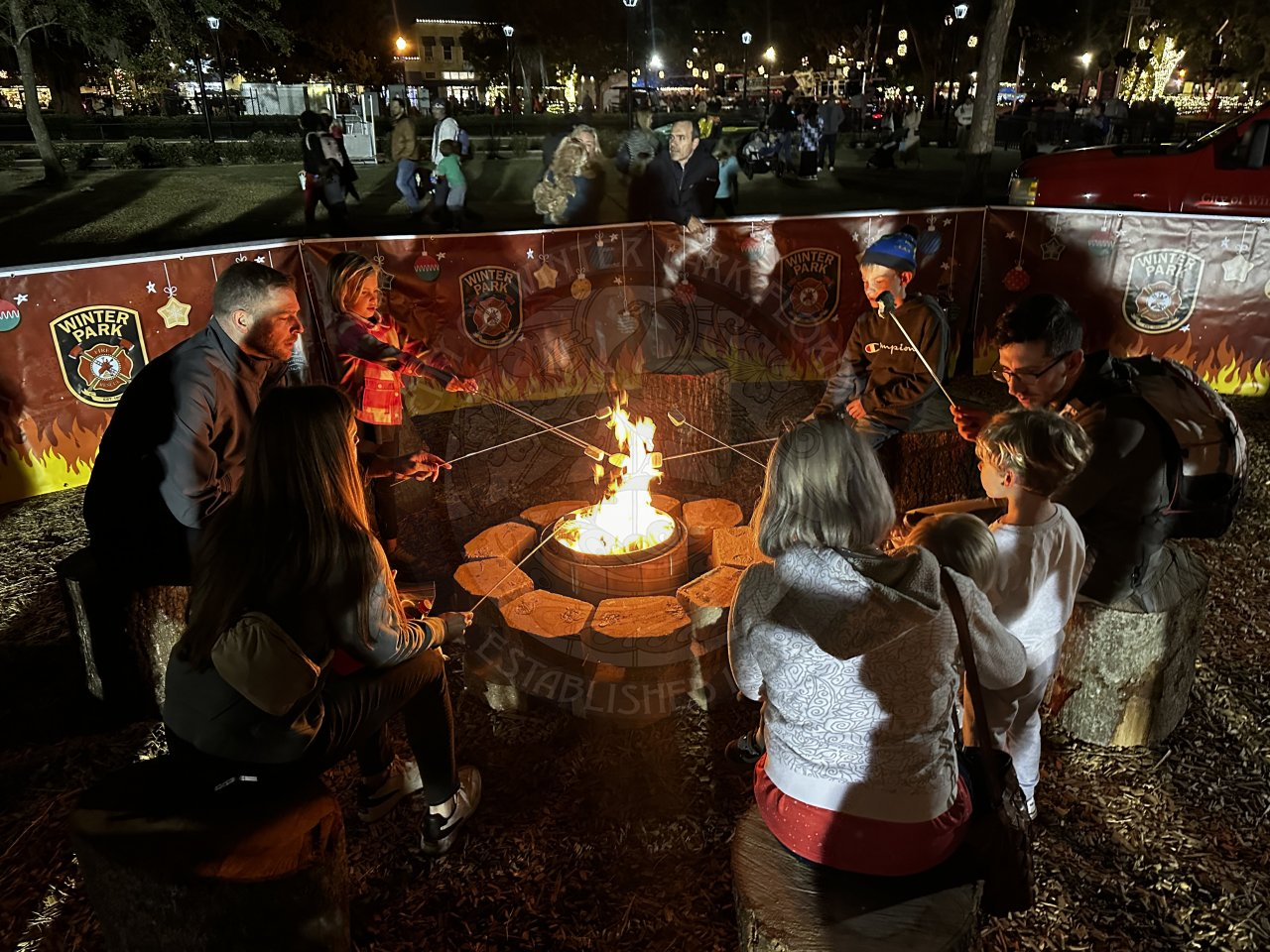 Group of people sitting around a fire holding sticks while roasting marshmallows.