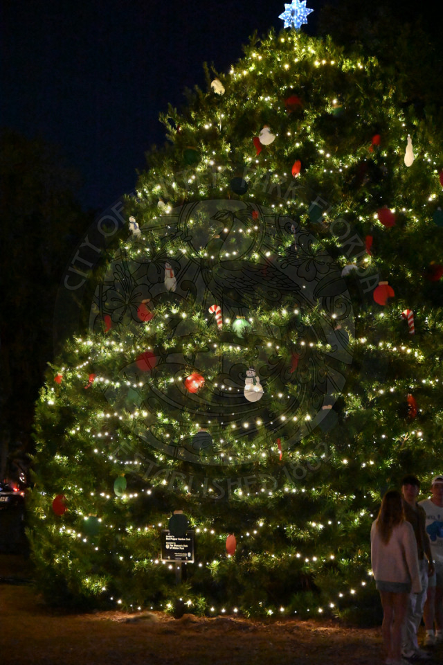 festive Christmas tree with strings of lights wrapped around the tree and ornaments in the shape of snowmen, candy cane and light bulbs.