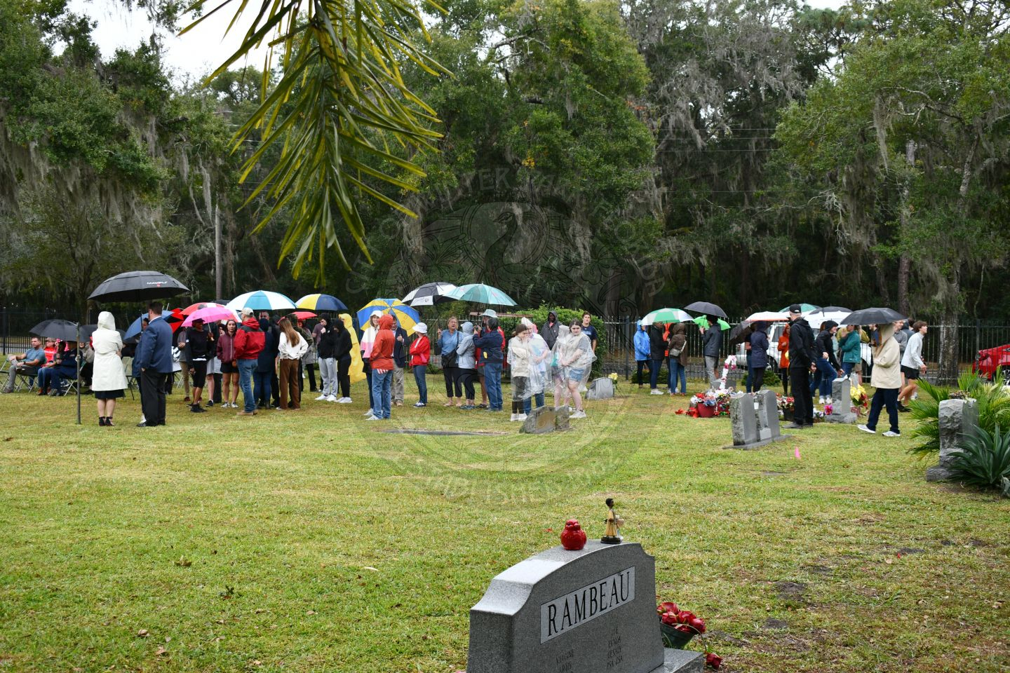 a bunch of people standing at the cemtary waiting for the Wreaths Across America event to start. they are all wearing ponchos or holding umbrellas.