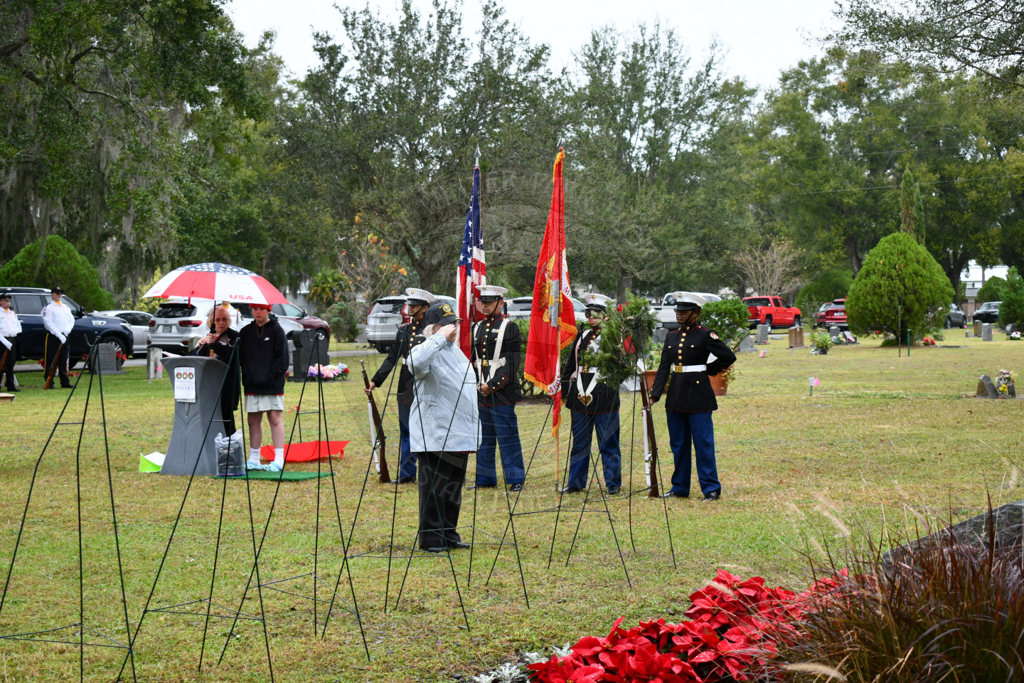 A woman saluting the wreath she just laid down on the easels.