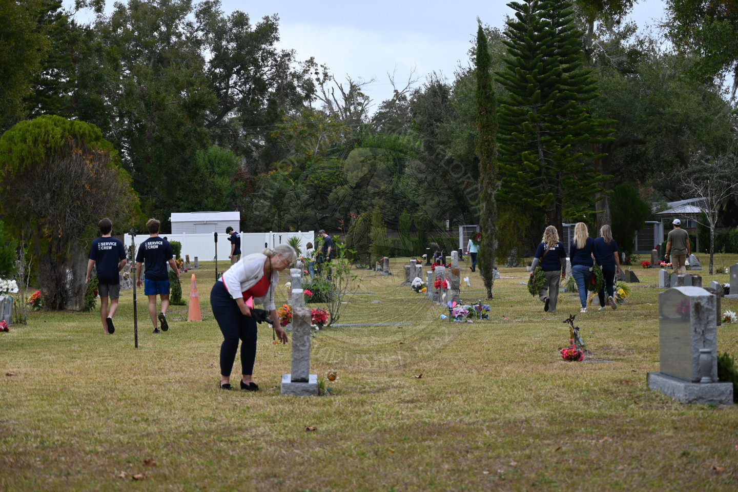 people walking around a cemetary looking to place wreaths on veterans graves.