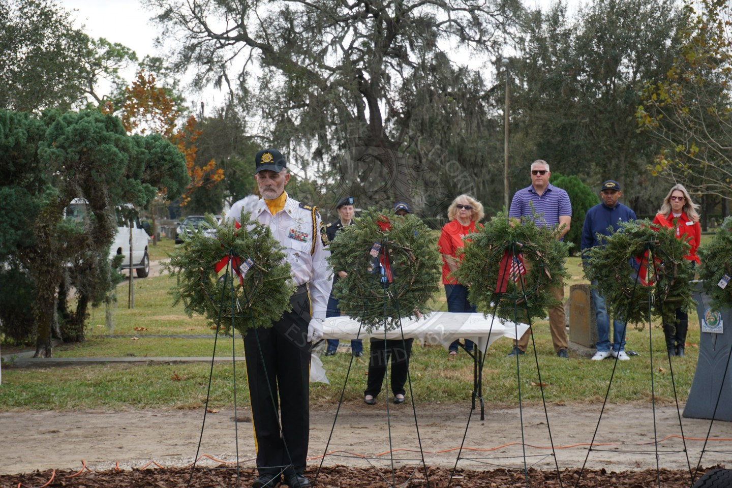 a man saluting to the miltary branch wreath he placed on a stand.