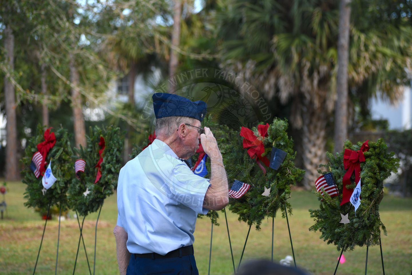 Veteran saluting to wreath at Pineywood Cemetary