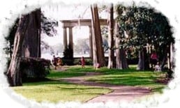 Kraft Azalea Garden trail with the Exedra Monument at the end