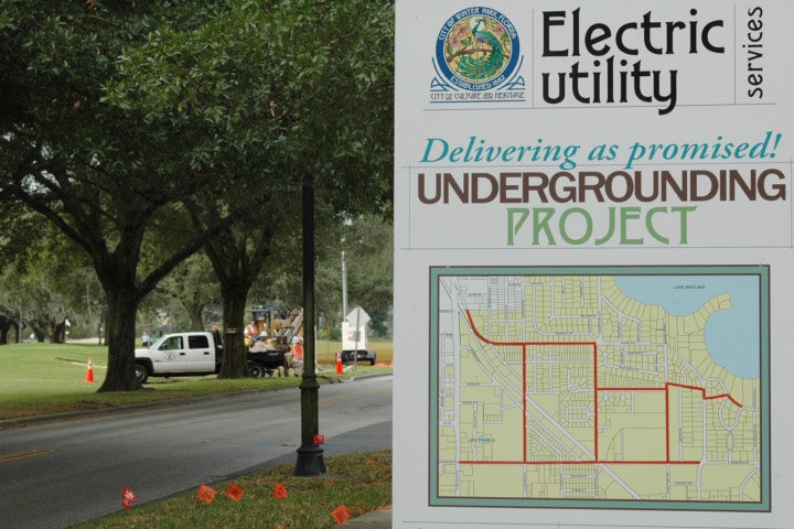 Undergrounding Project Sign with Electric Utility undergrounding crew in background