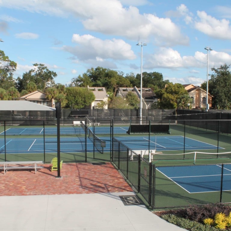 High ground view of tennis center courts