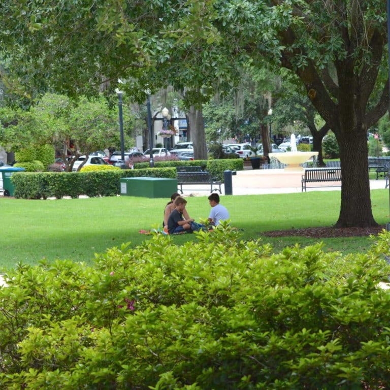 People hanging out sitting under a tree in Winter Park, FL Central Park