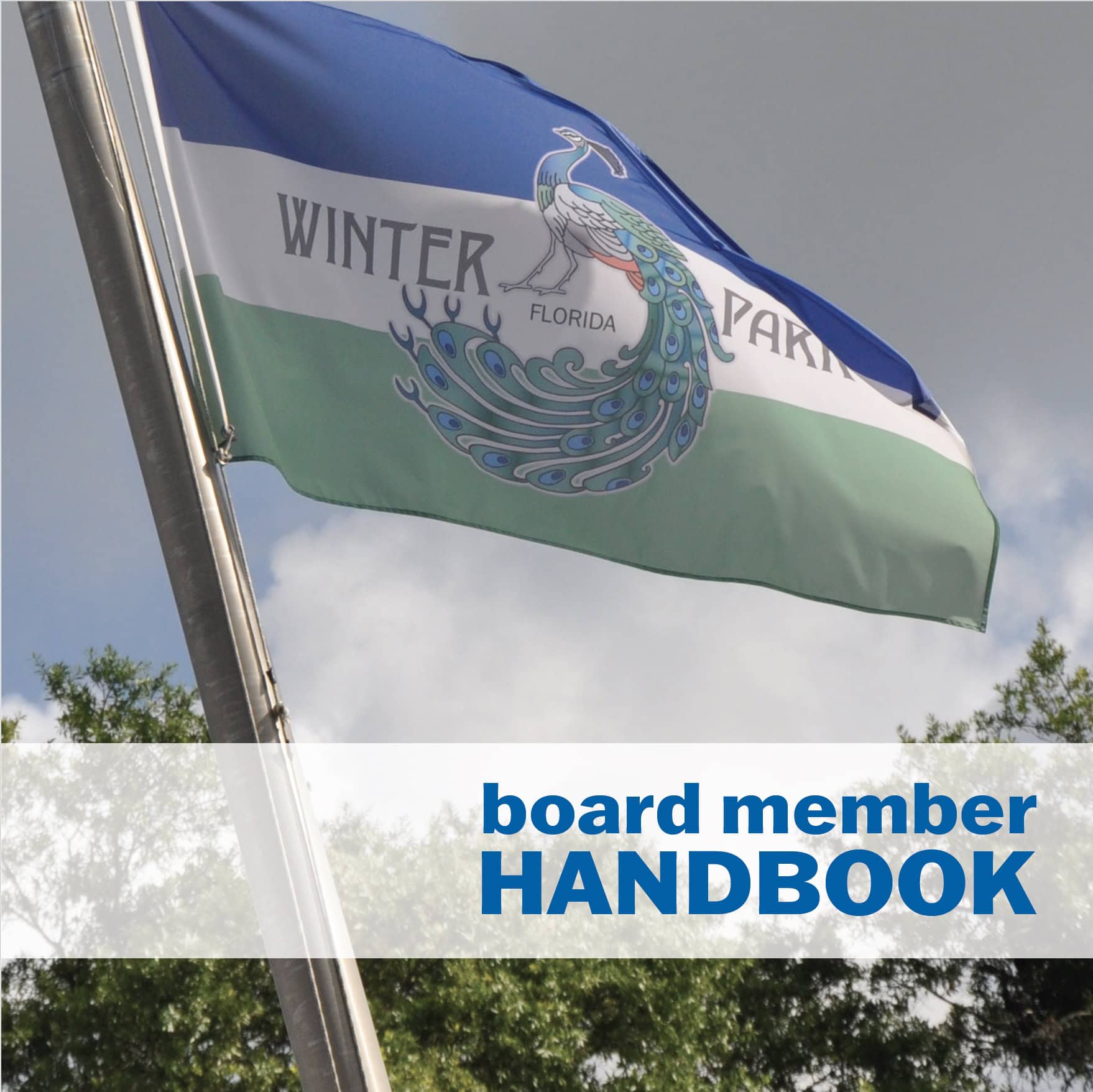 City of Winter Park flag blowing in the wind. Words that say board member handbook.