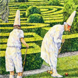 Two men playing croquet in front of a hedge maze wearing all white, with half masks covering their face and a white cone shaped hat on top of their heads while playing croquet.