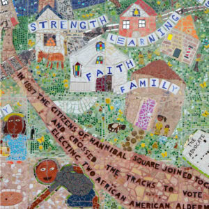 mosaic mural with houses, children and word banners