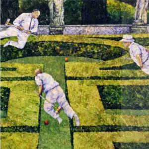 a grass corn maze with men floating around holding equipment and playing the game of croquet.