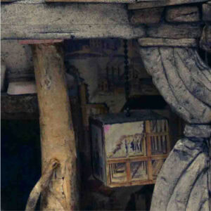 a zoomed in sculpture of inside a disastrous house.