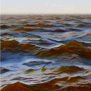 A painting of the open sea with the water creating waves.