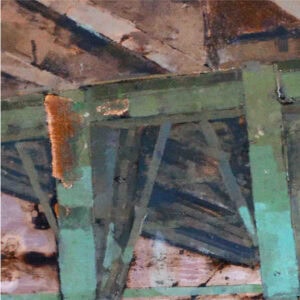 Zoomed in painting of metal poles holding up a bridge.