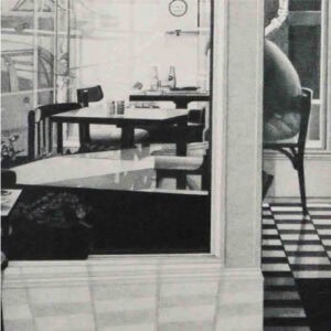 a zoomed in view of a pencil drawing of a deli shop with empty tables in the view of a mirror.