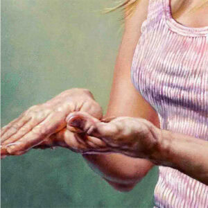 a painting of a lady laying her hand down flat on her other hand signaling she chose "paper" for the game of rock, paper scissors.