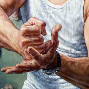 a painting of a man with his right hand in a fist ontop of his left hand signaling he chose "rock" for the game of rock, paper scissors.