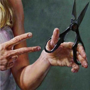 a painting of a lady holding a paper of scissors in her left hand and holding two fingers out with her right hand signaling she chose "scissors" for the game of rock, paper scissors.