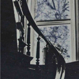 a black and white photograph of a stairwell arm with a window in the back.