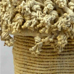 A woven basket that is made from light-colored fibers and at the top are curly strands that extend outwards.