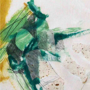 Abstract mono print featuring green, yellow, and white hues in a wooden frame with a white mat. The artwork includes scattered lines and textures.