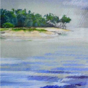 A painting depicts a serene coastal scene, with calm blue water in the foreground and a forested area with lush green trees in the background.