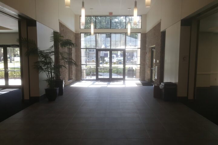 Ballroom hallway leading to back double doors