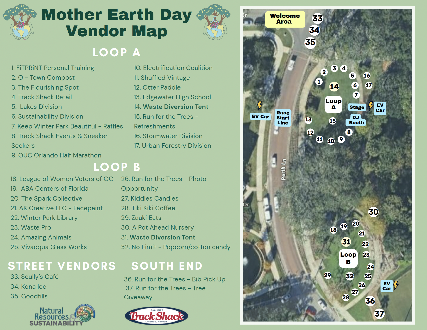 Map of Earth Day celebration with vendor locations, loops, street vendors, and the south end area marked and labeled.