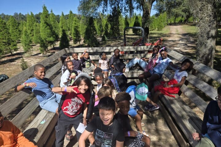 Group of kids happily sitting and playing on a wooden trailer in outdoor park with lush greenery and tall trees.