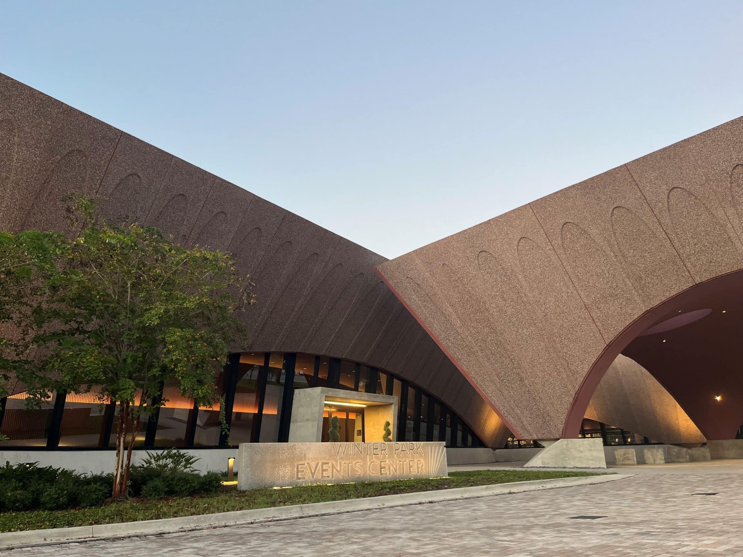 Modern Winter Park Events Center with distinctive architectural design in Winter Park, Florida, showcasing the city's vibrant community and event hosting facilities.