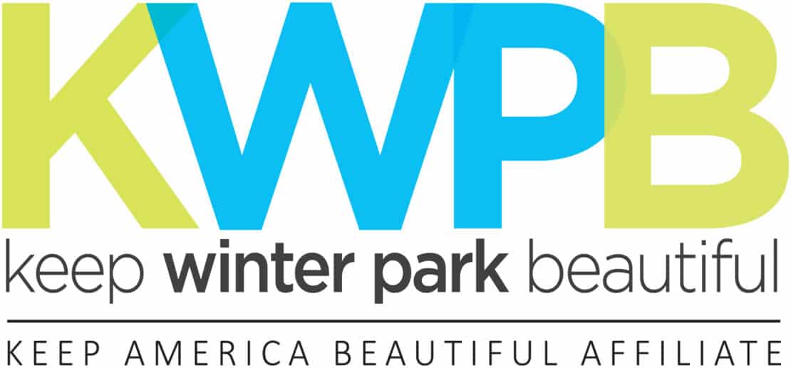 Logo with large letters KWPB in yellow and blue above the words keep winter park beautiful in black and gray text, highlighting Volunteer Opportunities, with Keep America Beautiful Affiliate in smaller gray text below.