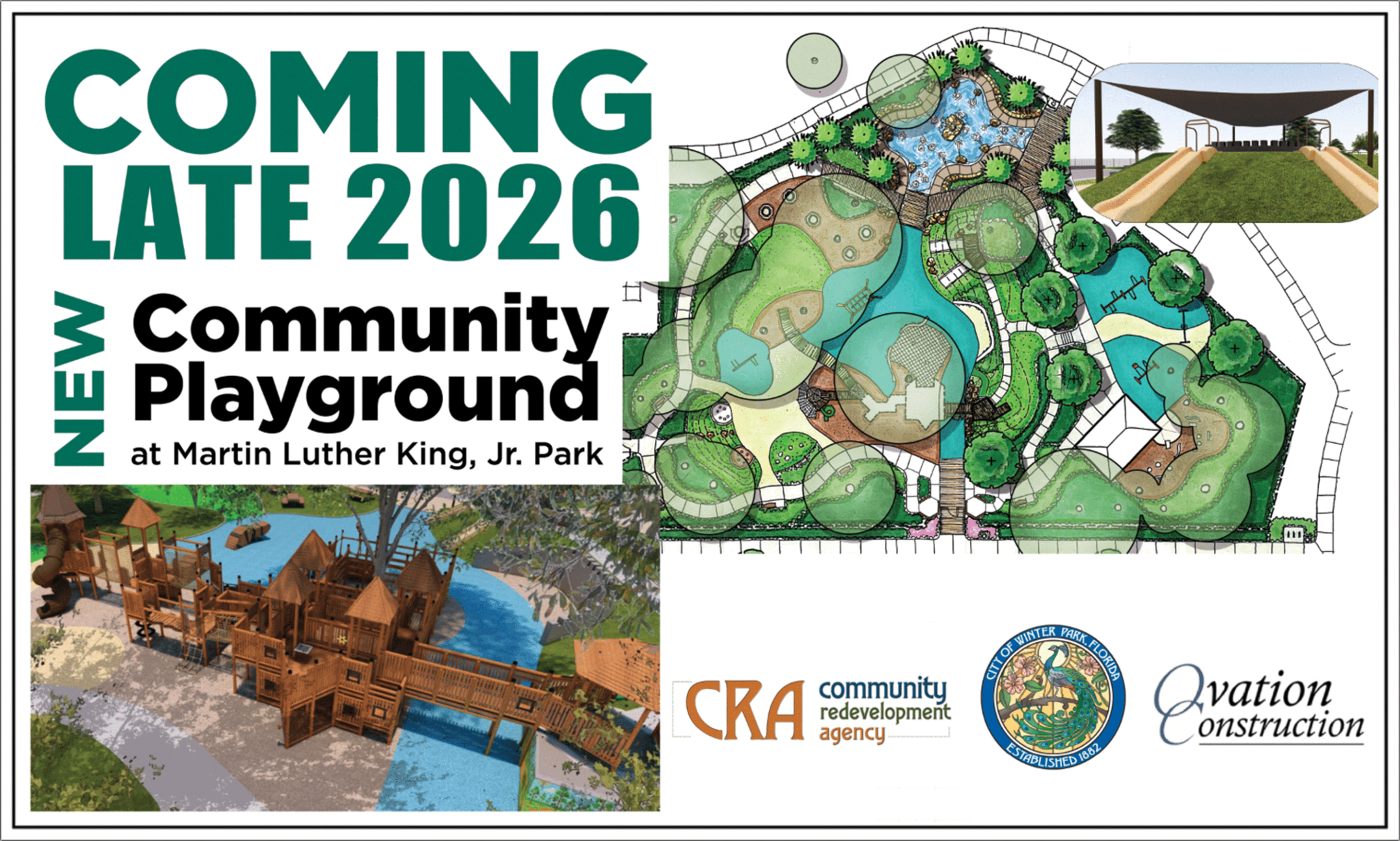 Exciting news! As part of the park renovations, a new community playground is coming to MLK Jr. Park in late 2026, featuring playground renderings, a site plan, and logos for CRA, Ovation Construction, and the city seal.