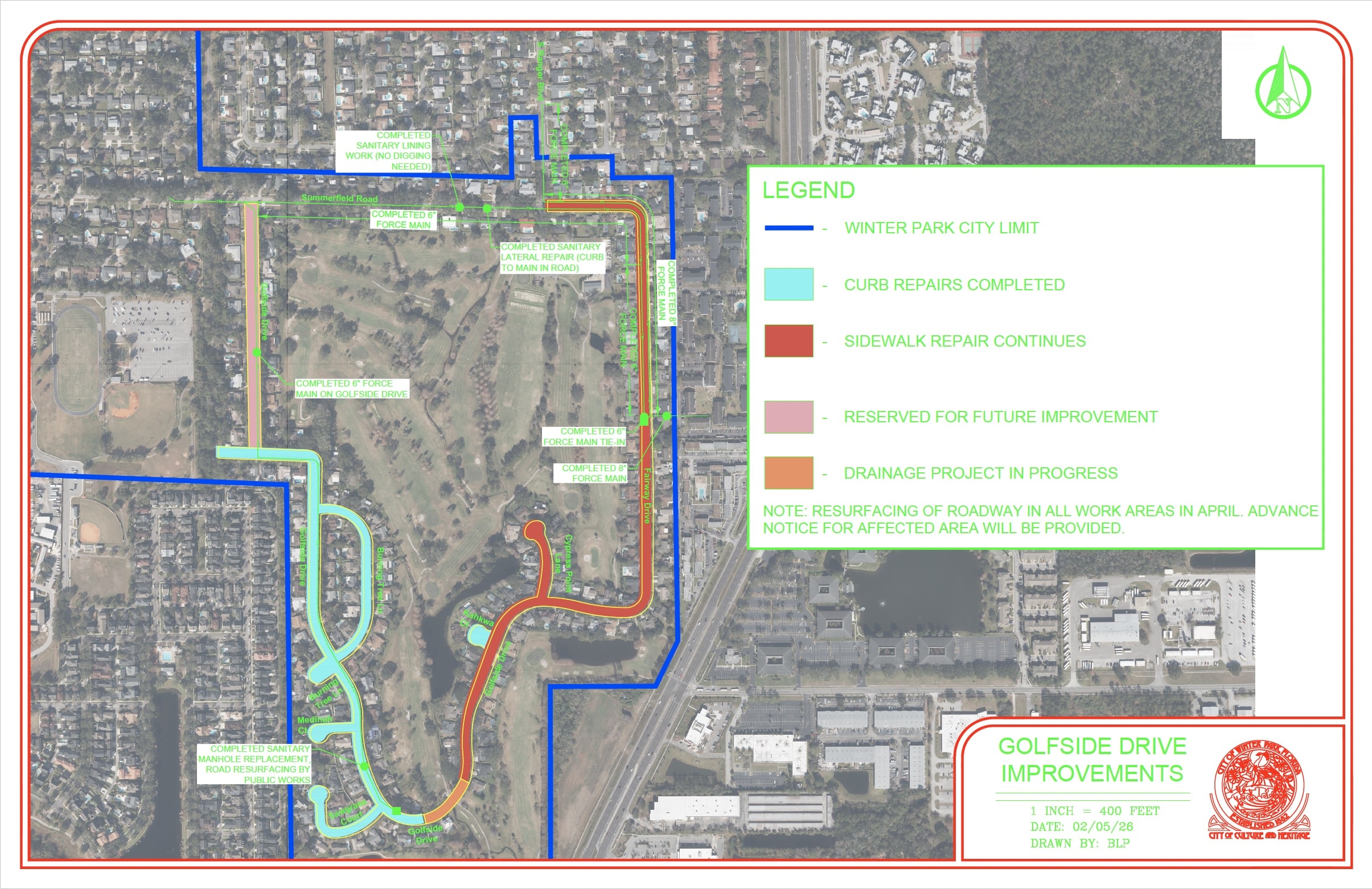 A Public Works map showing Golfside Drive improvements with color-coded lines for curb repairs, sidewalk repairs, drainage work, and future Transportation upgrades over an aerial neighborhood view. A green legend explains each improvement type.
