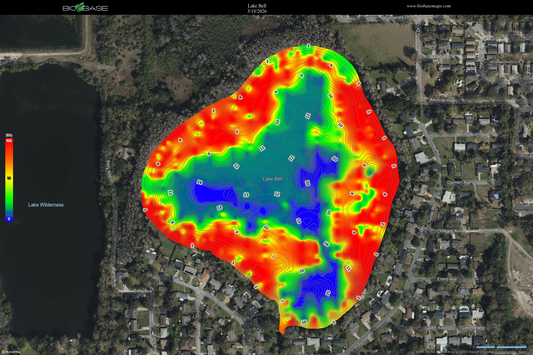 A heat map of Lake Bell depth levels, with surrounding houses and roads, ranging from shallow (red) to deep (blue).