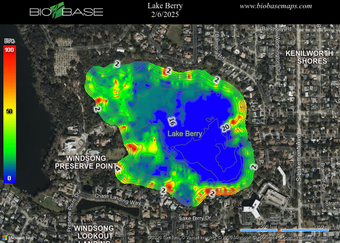 Heatmap of Lake Berry shows water depth, surrounded by neighborhoods, with a color legend from shallow (red) to deep (blue).