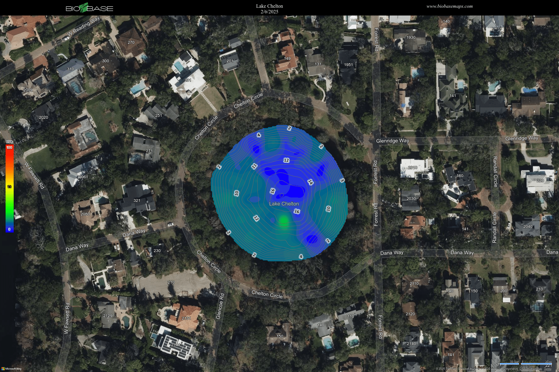 Aerial map showing Lake Chelton with depth contours in blue, surrounded by residential streets and houses.
