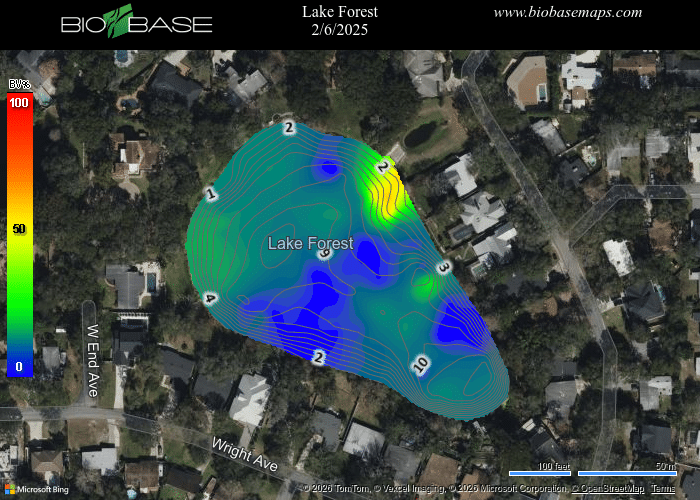A heatmap of Lake Forest shows depth levels with blue to yellow colors, overlaid on an aerial map with nearby streets.