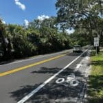 A car drives down a tree-lined road with a bike lane, showcasing modern transportation solutions under a clear sky.