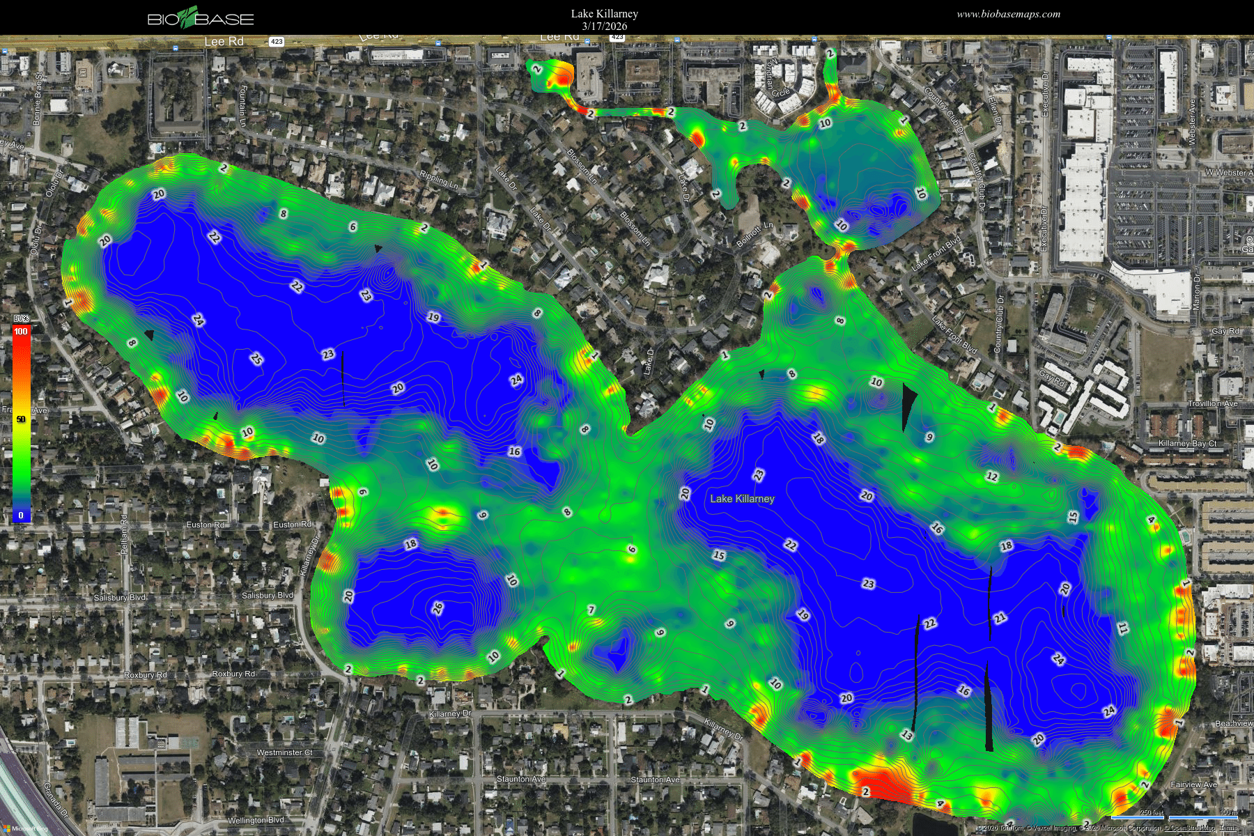 Aerial map of Lake Killarney with depth heatmap, showing blue deep zones and green to red shallow areas.