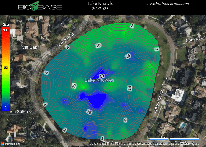 Aerial map of Lake Knowles with depth contours, color scale bar, and surrounding neighborhood roads.
