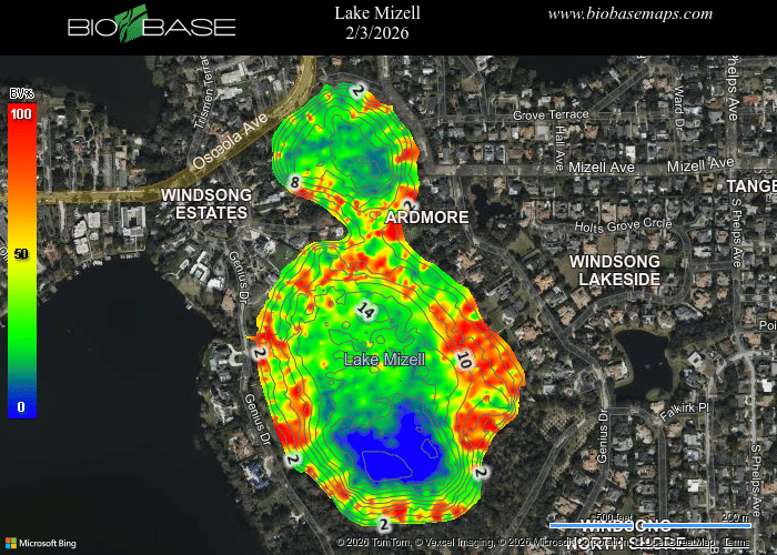 A heatmap of Lake Mizell showing vegetation density, with higher density in red and lower in blue, over a satellite map.