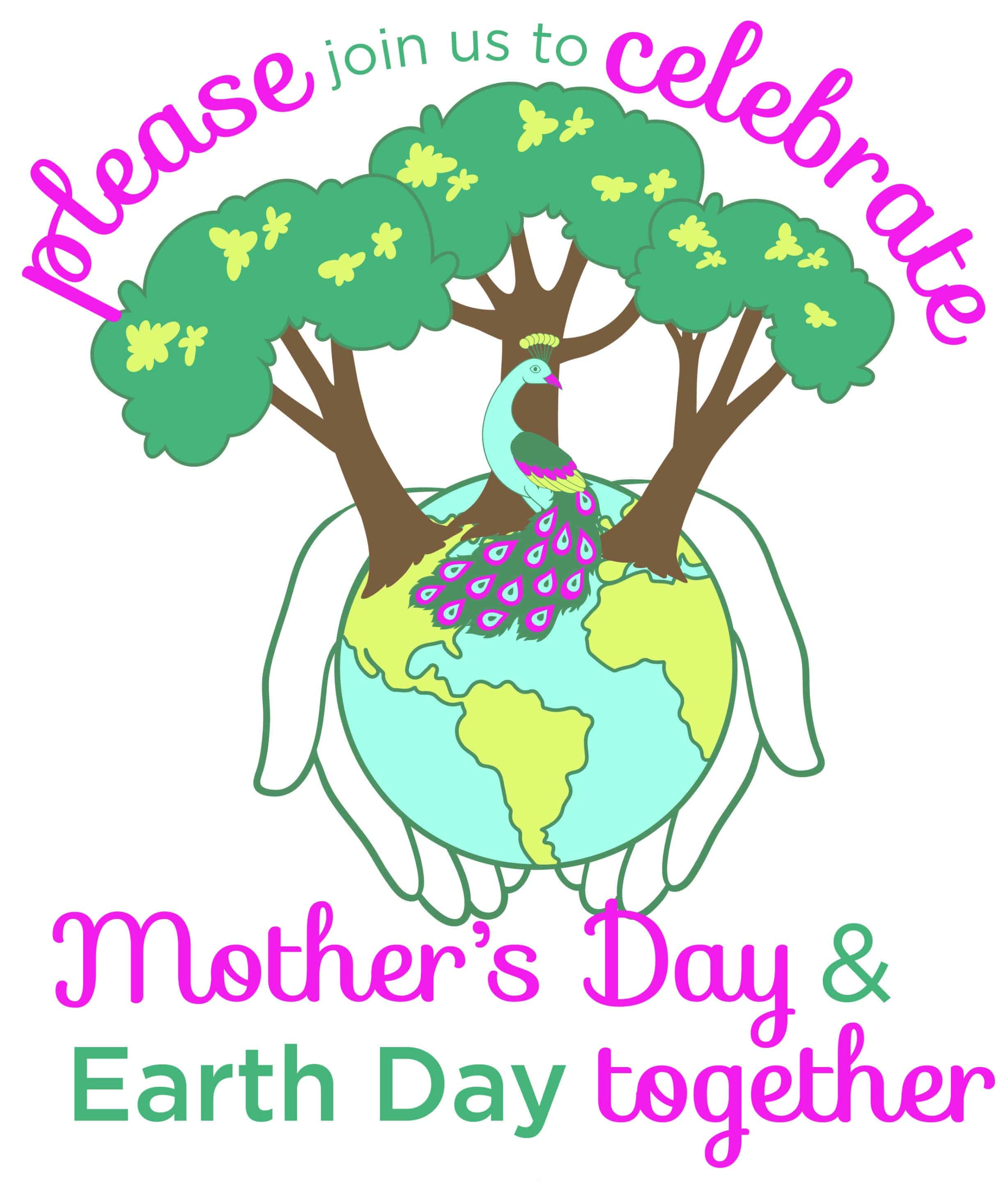 Illustration of a peacock in trees atop Earth invites you to our Mother's Day & Earth Day celebration.