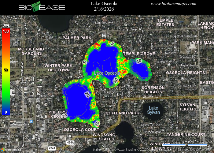 A heatmap shows vegetation density in and around Lake Osceola, with higher densities in red and lower in blue.
